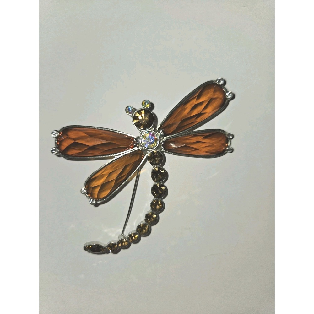 Large 3.5" Dragonfly Brooch Pin‎ Silver Tone Faceted Amber Rhinestone + AB